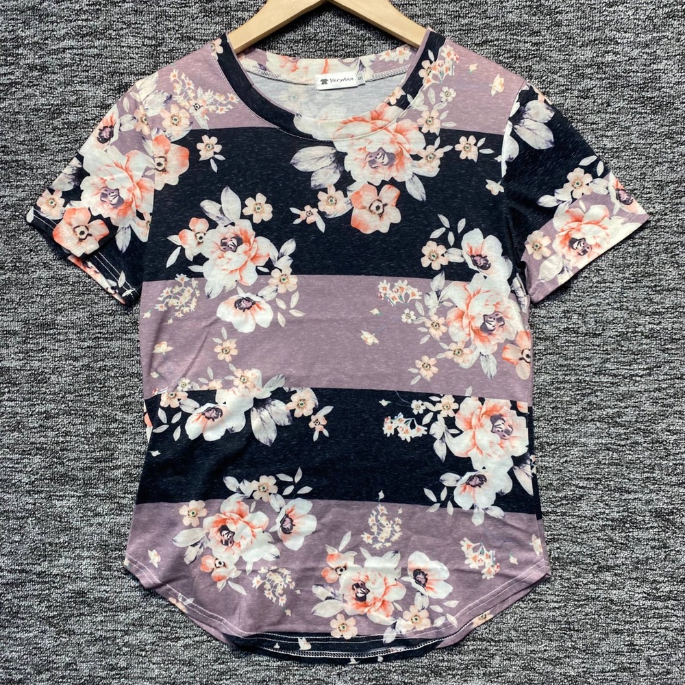 VeryAnn Floral Striped T Shirt Womens Small Purple Black Short Sleeve Top